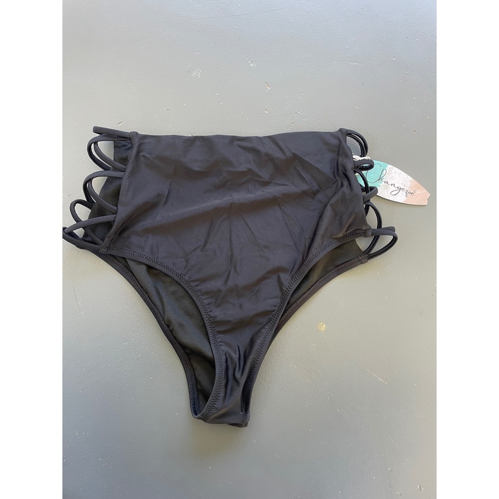 Changezoe Womens Black High Waisted Strappy Lattice Cutout Bikini Bottoms Size M
